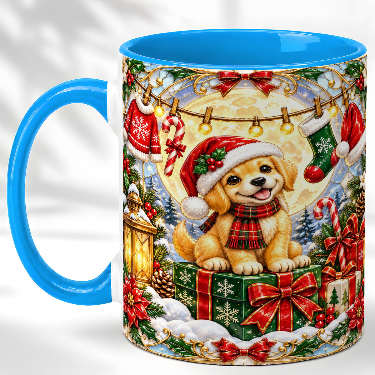 #pl[11oz|Blue] Christmas Golden Retriever Coffee Mug, Festive Puppy Mug, Ceramic Cup
