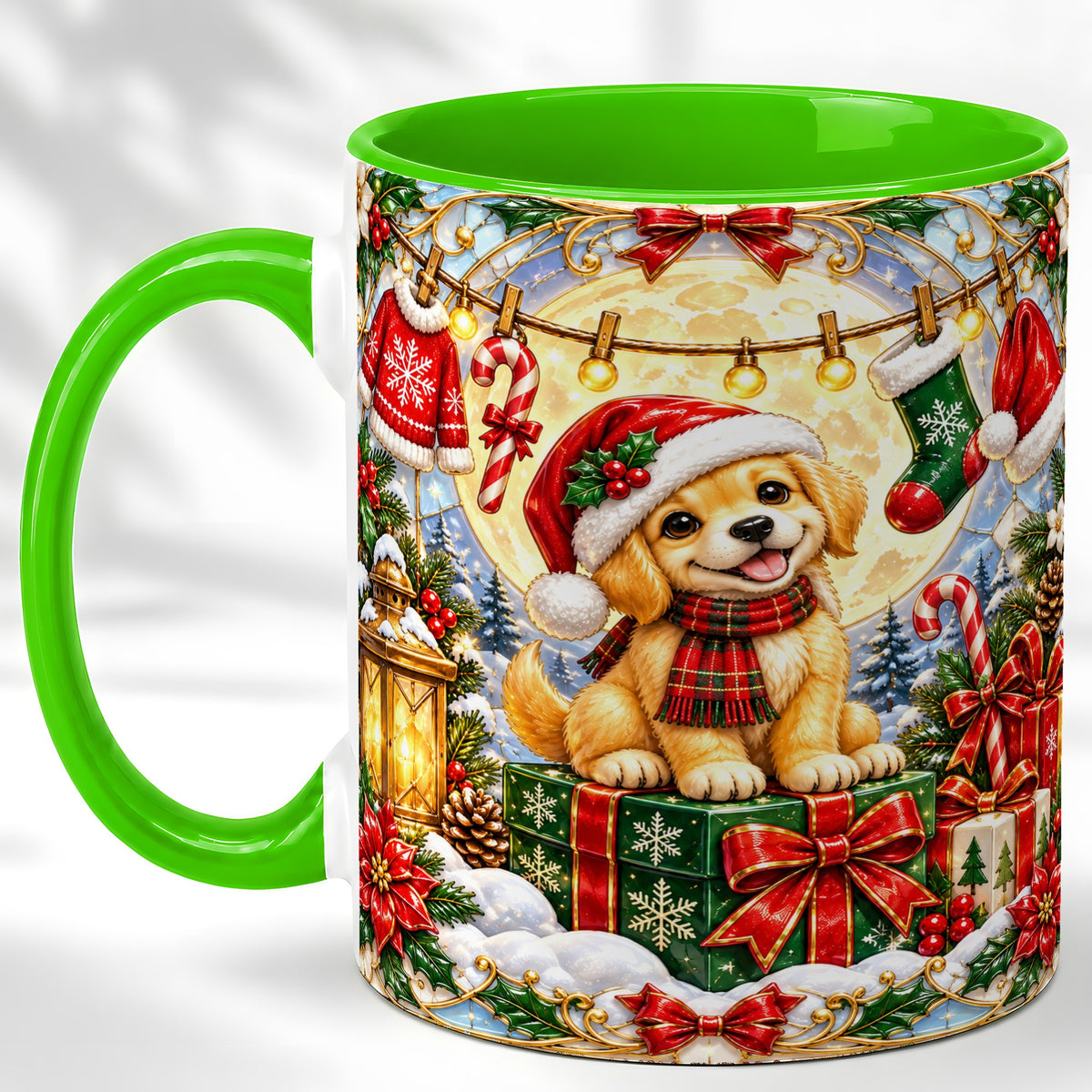 #pl[11oz|Green] Christmas Golden Retriever Coffee Mug, Festive Puppy Mug, Ceramic Cup