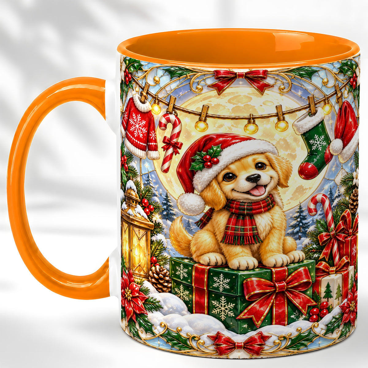 #pl[11oz|Orange] Christmas Golden Retriever Coffee Mug, Festive Puppy Mug, Ceramic Cup