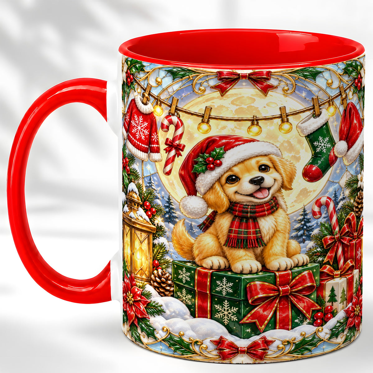 Christmas Golden Retriever Coffee Mug, Festive Puppy Mug, Ceramic Cup