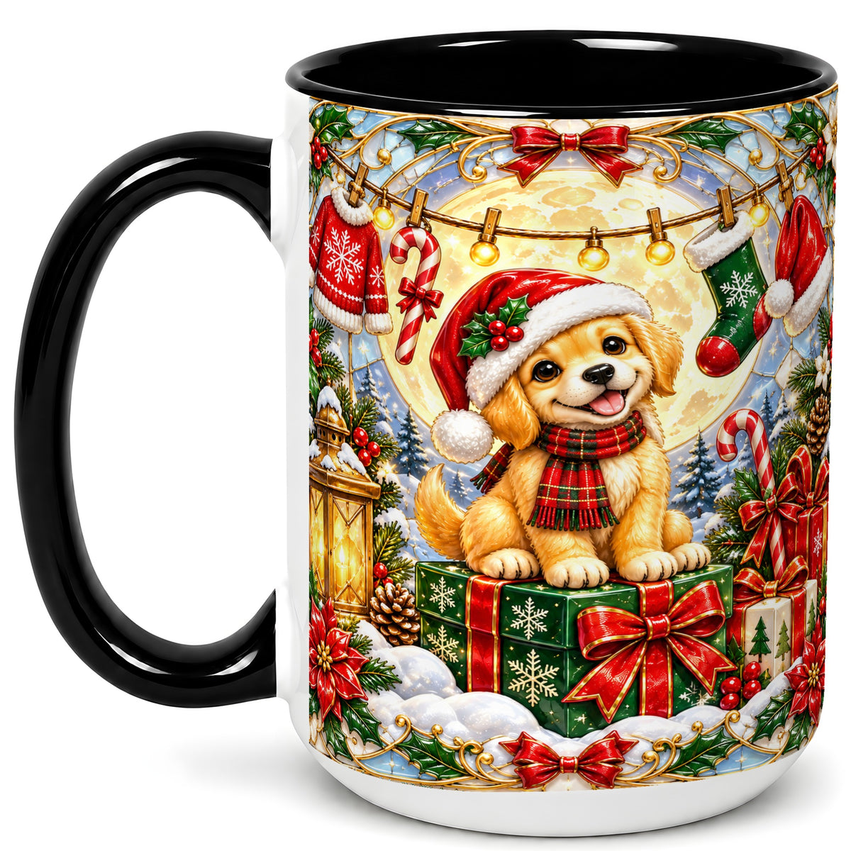 #pl[15oz|Black] Christmas Golden Retriever Coffee Mug, Festive Puppy Mug, Ceramic Cup