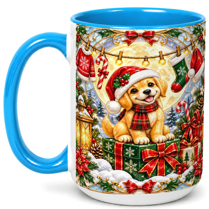 #pl[15oz|Blue] Christmas Golden Retriever Coffee Mug, Festive Puppy Mug, Ceramic Cup