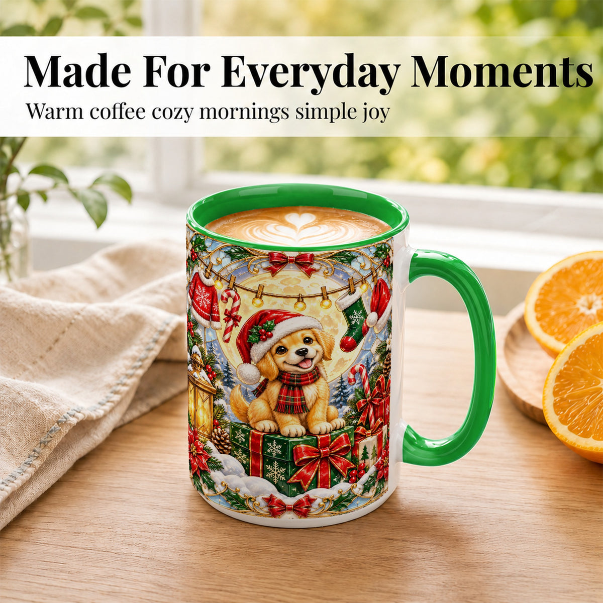 #pl[15oz|Green] Christmas Golden Retriever Coffee Mug, Festive Puppy Mug, Ceramic Cup