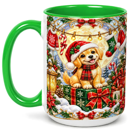#pl[15oz|Green] Christmas Golden Retriever Coffee Mug, Festive Puppy Mug, Ceramic Cup