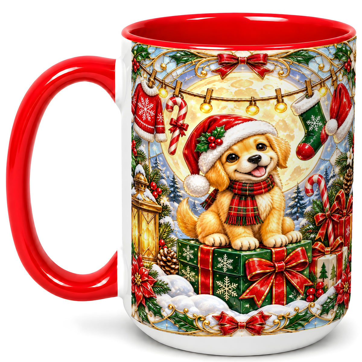 #pl[15oz|Red] Christmas Golden Retriever Coffee Mug, Festive Puppy Mug, Ceramic Cup