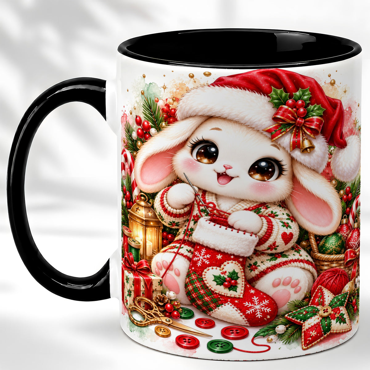 #pl[11oz|Black] Christmas Bunny Coffee Mug, Knitting Rabbit Mug, Ceramic Cup
