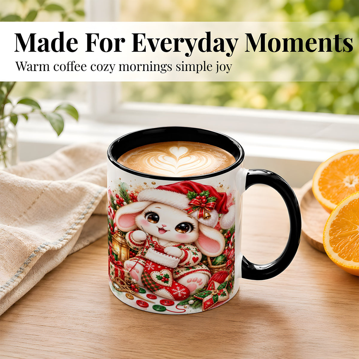 #pl[11oz|Black] Christmas Bunny Coffee Mug, Knitting Rabbit Mug, Ceramic Cup