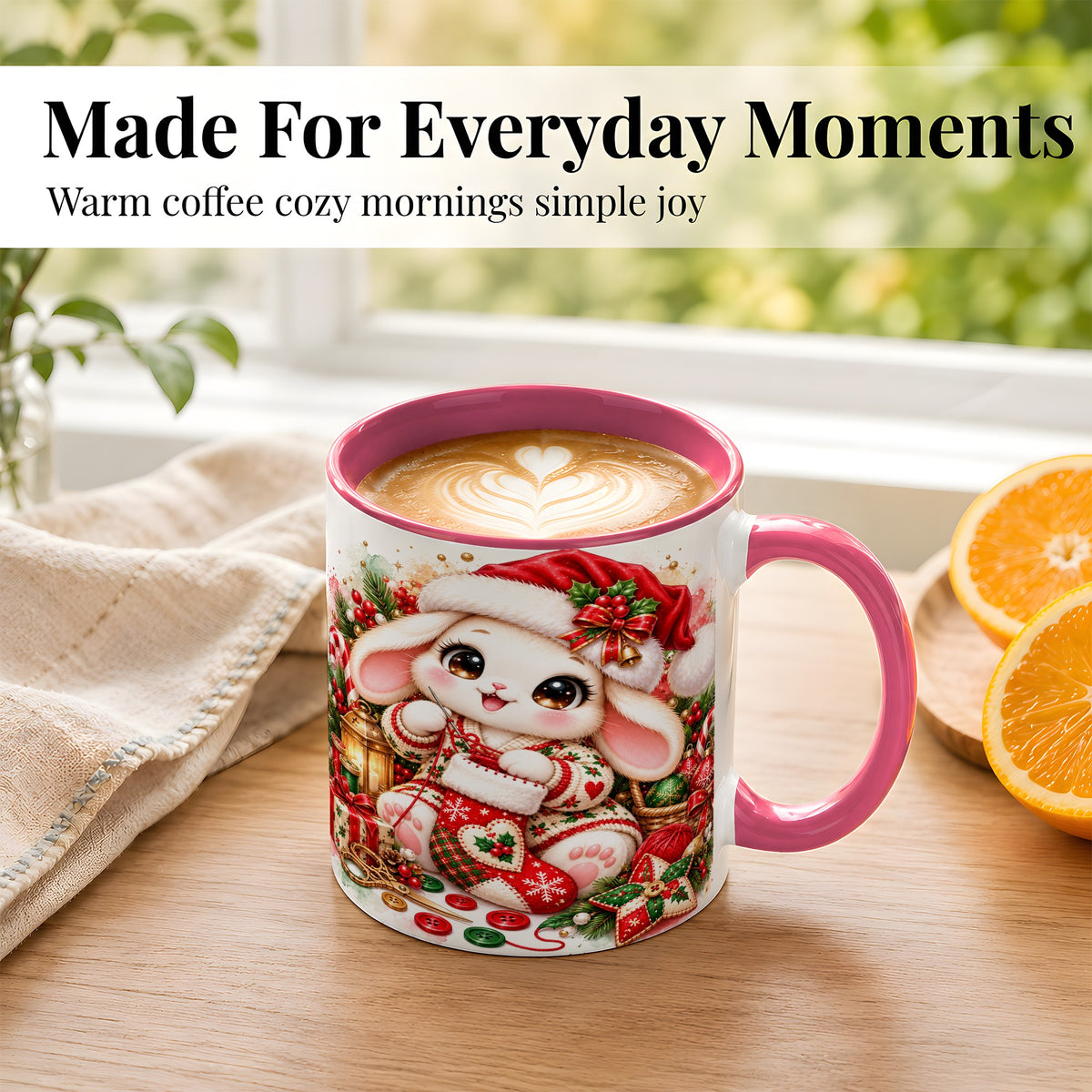 #pl[11oz|Pink] Christmas Bunny Coffee Mug, Knitting Rabbit Mug, Ceramic Cup