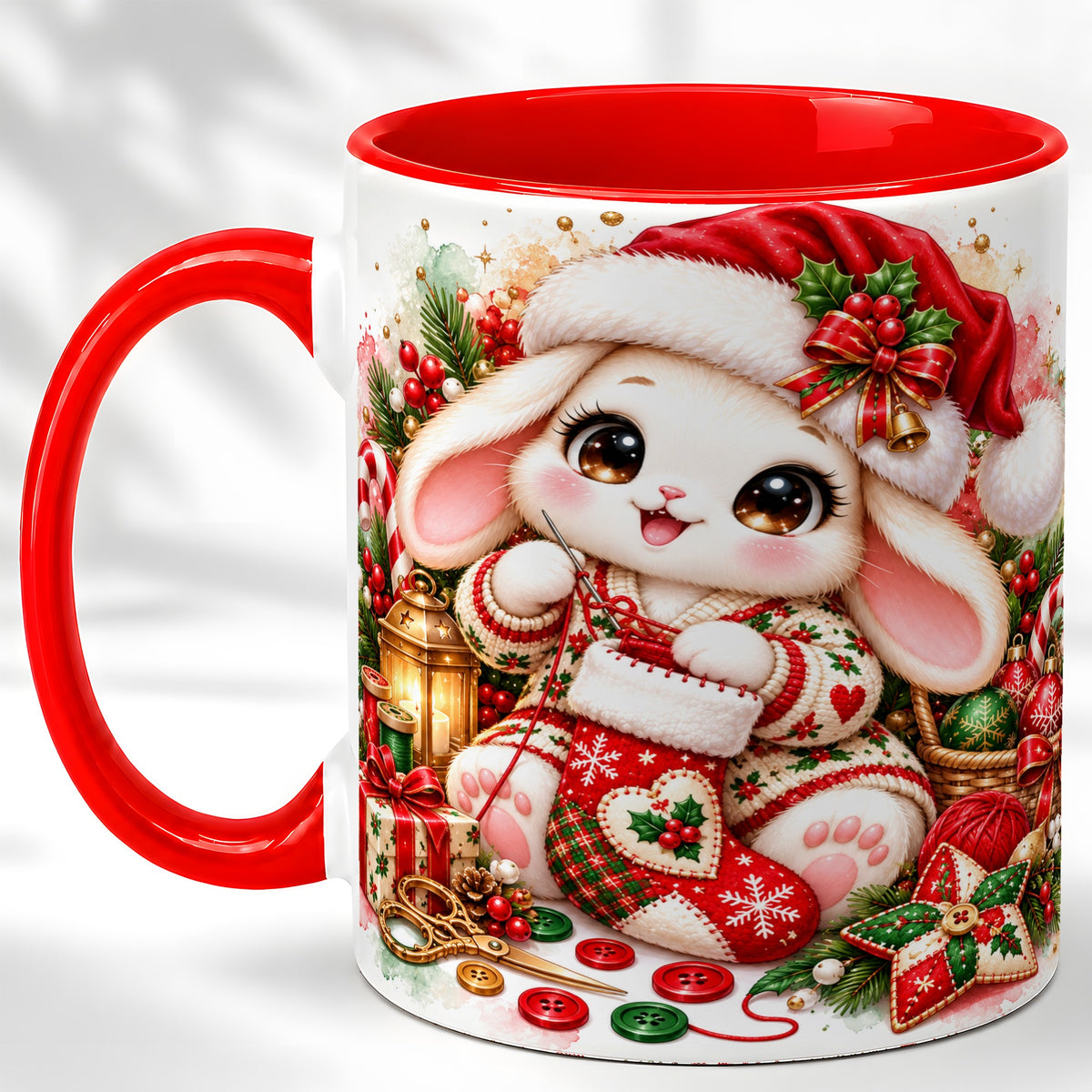 Christmas Bunny Coffee Mug, Knitting Rabbit Mug, Ceramic Cup