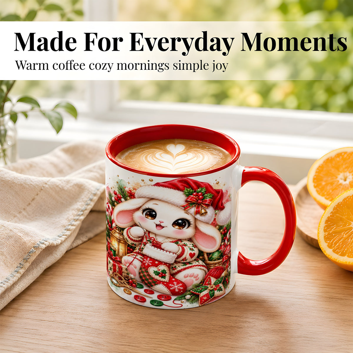 #pl[11oz|Red] Christmas Bunny Coffee Mug, Knitting Rabbit Mug, Ceramic Cup