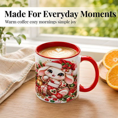 #pl[11oz|Red] Christmas Bunny Coffee Mug, Knitting Rabbit Mug, Ceramic Cup