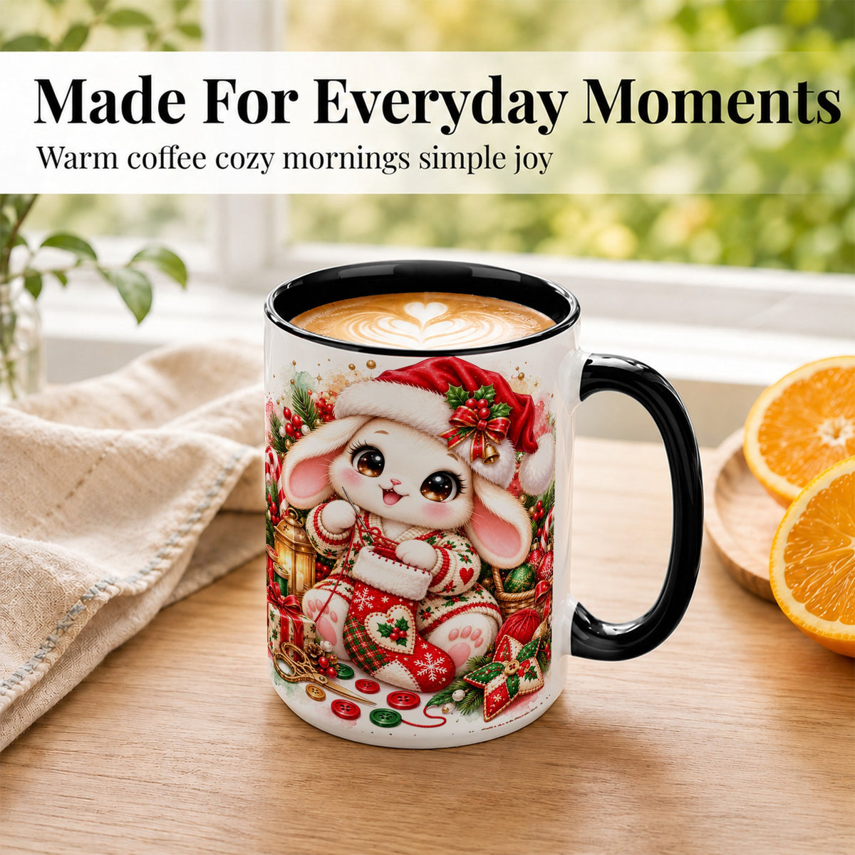#pl[15oz|Black] Christmas Bunny Coffee Mug, Knitting Rabbit Mug, Ceramic Cup