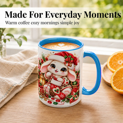 #pl[15oz|Blue] Christmas Bunny Coffee Mug, Knitting Rabbit Mug, Ceramic Cup