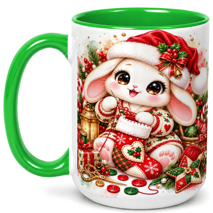 #pl[15oz|Green] Christmas Bunny Coffee Mug, Knitting Rabbit Mug, Ceramic Cup