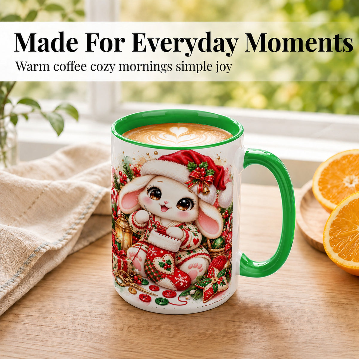 #pl[15oz|Green] Christmas Bunny Coffee Mug, Knitting Rabbit Mug, Ceramic Cup