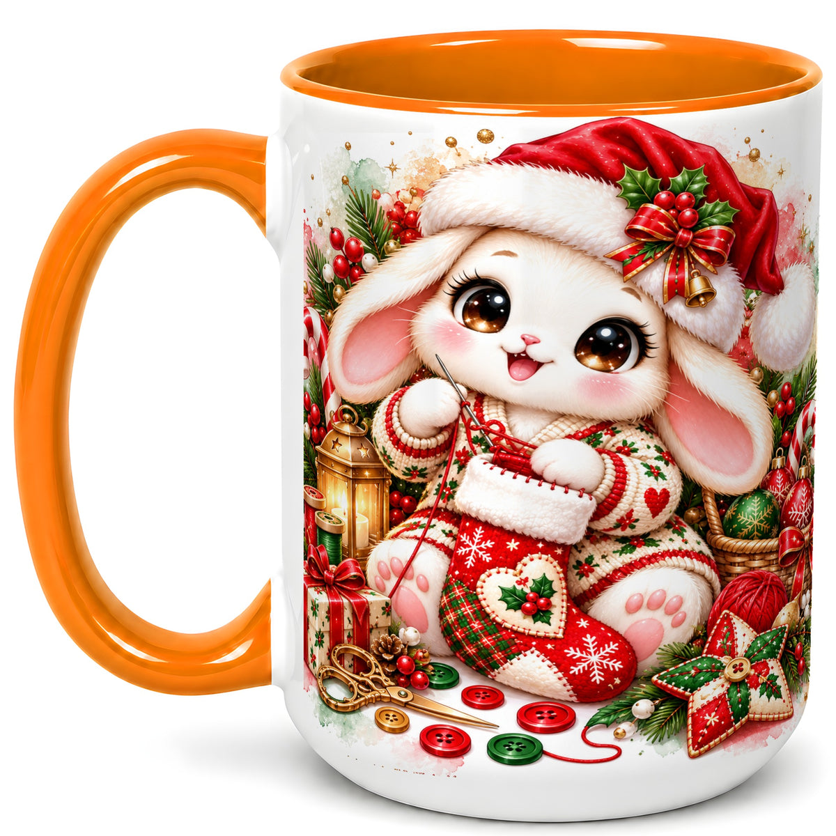 #pl[15oz|Orange] Christmas Bunny Coffee Mug, Knitting Rabbit Mug, Ceramic Cup