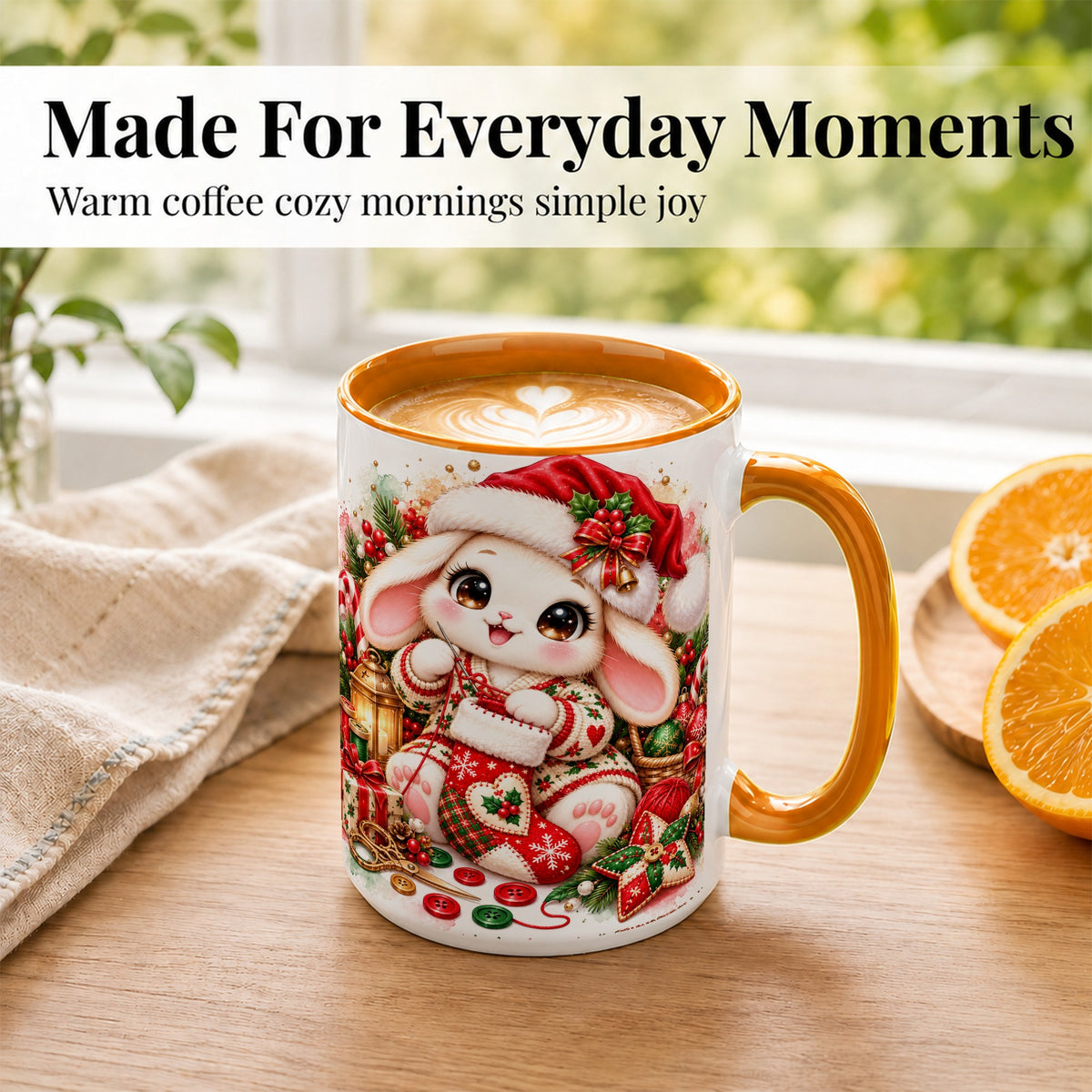 #pl[15oz|Orange] Christmas Bunny Coffee Mug, Knitting Rabbit Mug, Ceramic Cup
