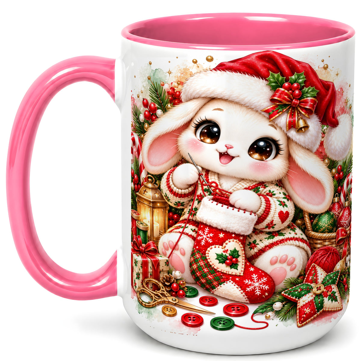 #pl[15oz|Pink] Christmas Bunny Coffee Mug, Knitting Rabbit Mug, Ceramic Cup
