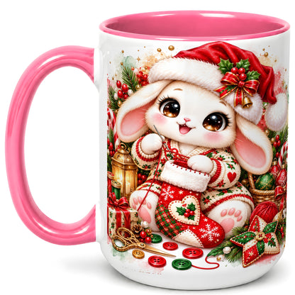 #pl[15oz|Pink] Christmas Bunny Coffee Mug, Knitting Rabbit Mug, Ceramic Cup