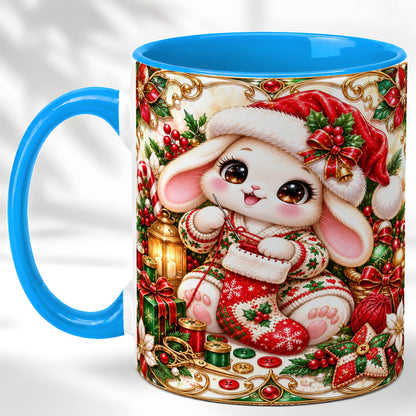 #pl[11oz|Blue] Christmas Bunny Coffee Mug, Knitting Rabbit Mug, Ceramic Cup