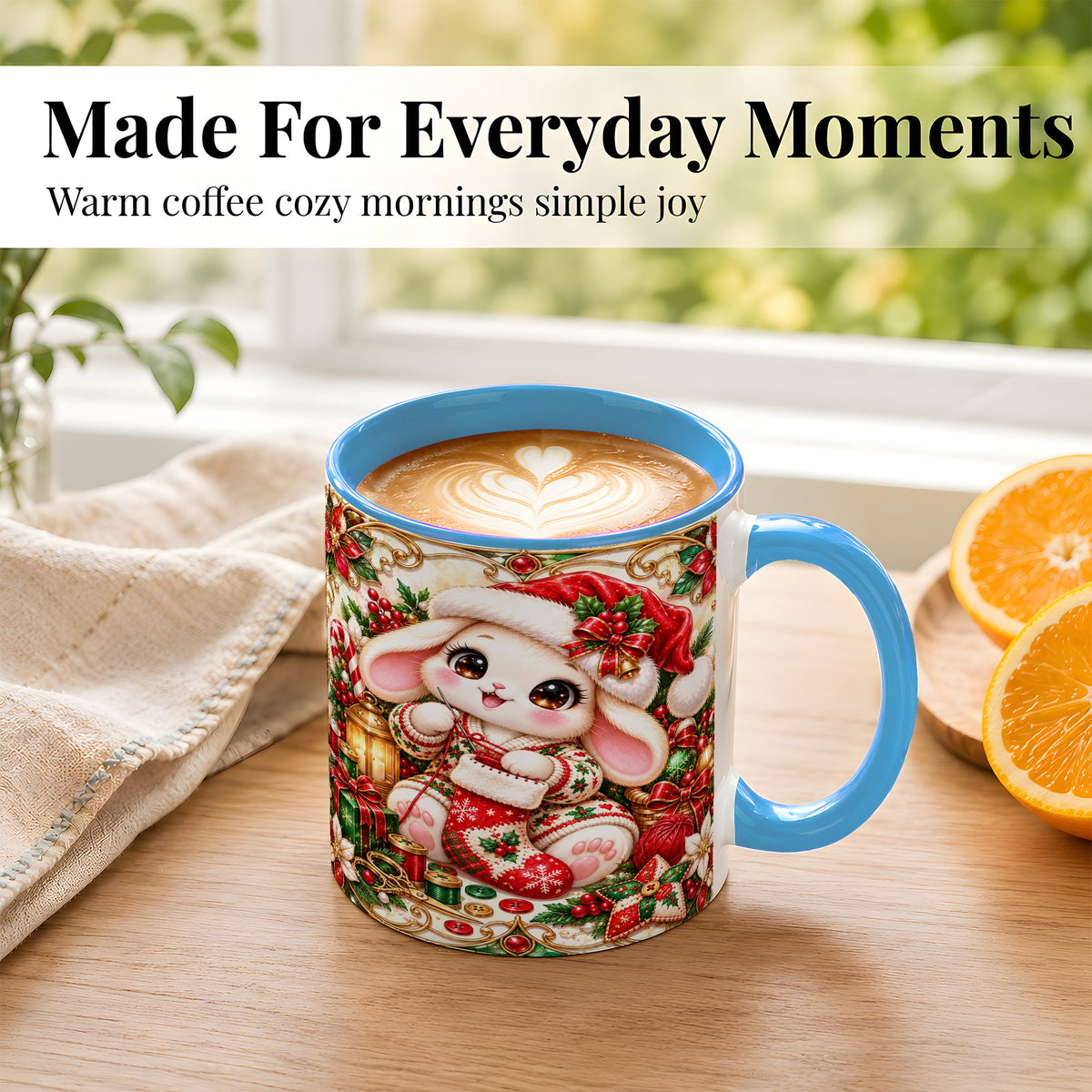 #pl[11oz|Blue] Christmas Bunny Coffee Mug, Knitting Rabbit Mug, Ceramic Cup