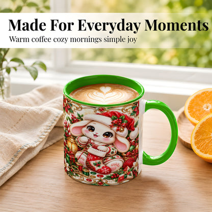 #pl[11oz|Green] Christmas Bunny Coffee Mug, Knitting Rabbit Mug, Ceramic Cup