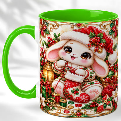 #pl[11oz|Green] Christmas Bunny Coffee Mug, Knitting Rabbit Mug, Ceramic Cup