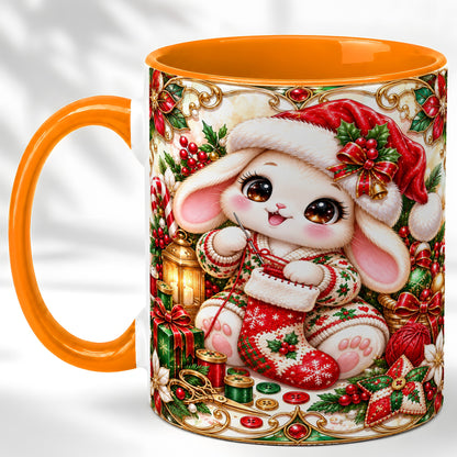 #pl[11oz|Orange] Christmas Bunny Coffee Mug, Knitting Rabbit Mug, Ceramic Cup