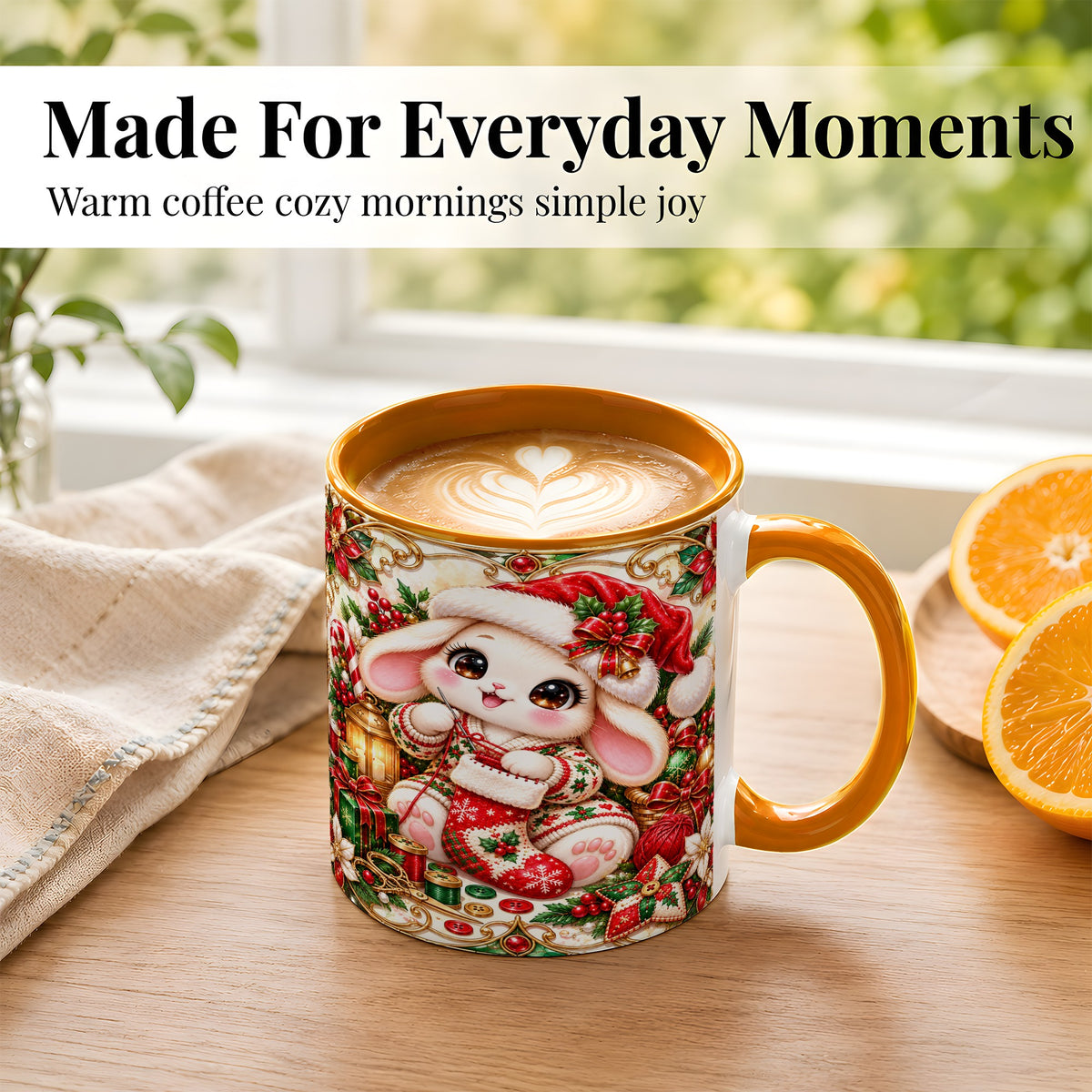 #pl[11oz|Orange] Christmas Bunny Coffee Mug, Knitting Rabbit Mug, Ceramic Cup