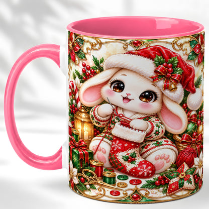 #pl[11oz|Pink] Christmas Bunny Coffee Mug, Knitting Rabbit Mug, Ceramic Cup