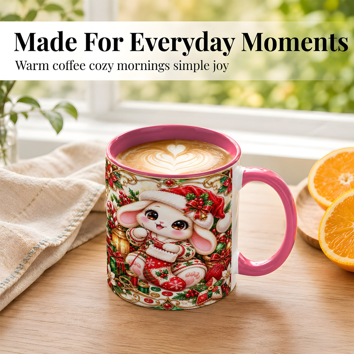 #pl[11oz|Pink] Christmas Bunny Coffee Mug, Knitting Rabbit Mug, Ceramic Cup