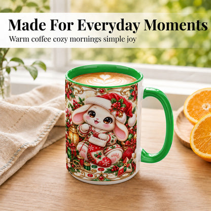 #pl[15oz|Green] Christmas Bunny Coffee Mug, Knitting Rabbit Mug, Ceramic Cup