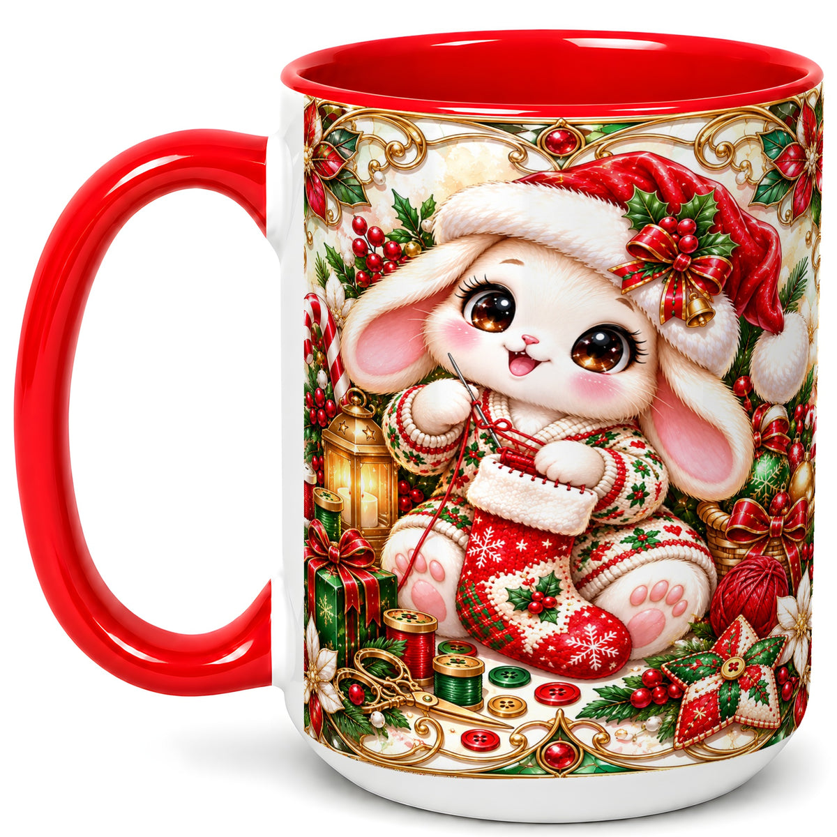 #pl[15oz|Red] Christmas Bunny Coffee Mug, Knitting Rabbit Mug, Ceramic Cup