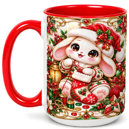 #pl[15oz|Red] Christmas Bunny Coffee Mug, Knitting Rabbit Mug, Ceramic Cup