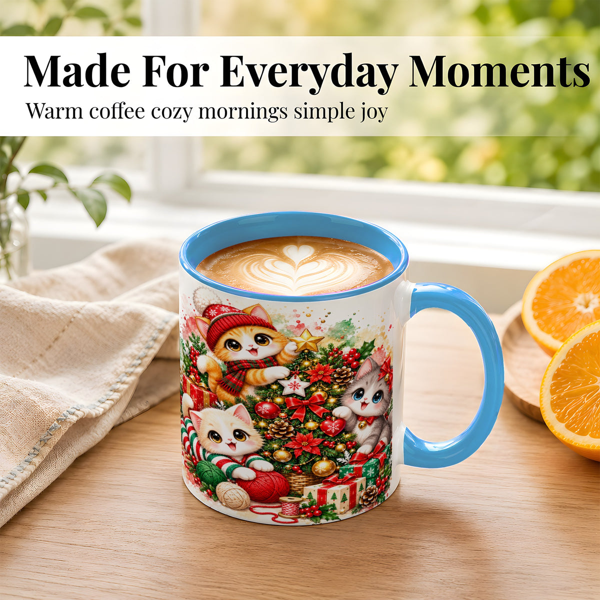 #pl[11oz|Blue] Christmas Kittens Coffee Mug, Holiday Cat Trio Mug, Ceramic Cup