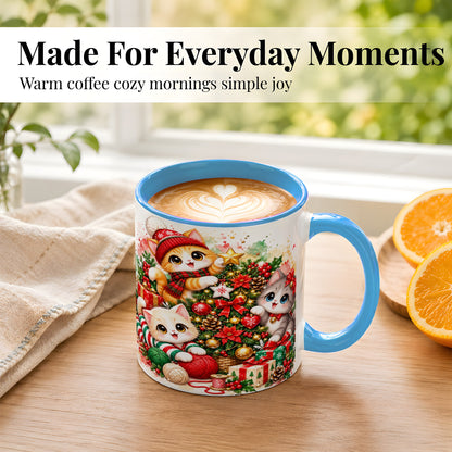 #pl[11oz|Blue] Christmas Kittens Coffee Mug, Holiday Cat Trio Mug, Ceramic Cup