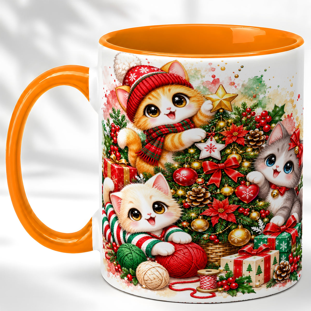 #pl[11oz|Orange] Christmas Kittens Coffee Mug, Holiday Cat Trio Mug, Ceramic Cup