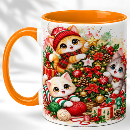 #pl[11oz|Orange] Christmas Kittens Coffee Mug, Holiday Cat Trio Mug, Ceramic Cup