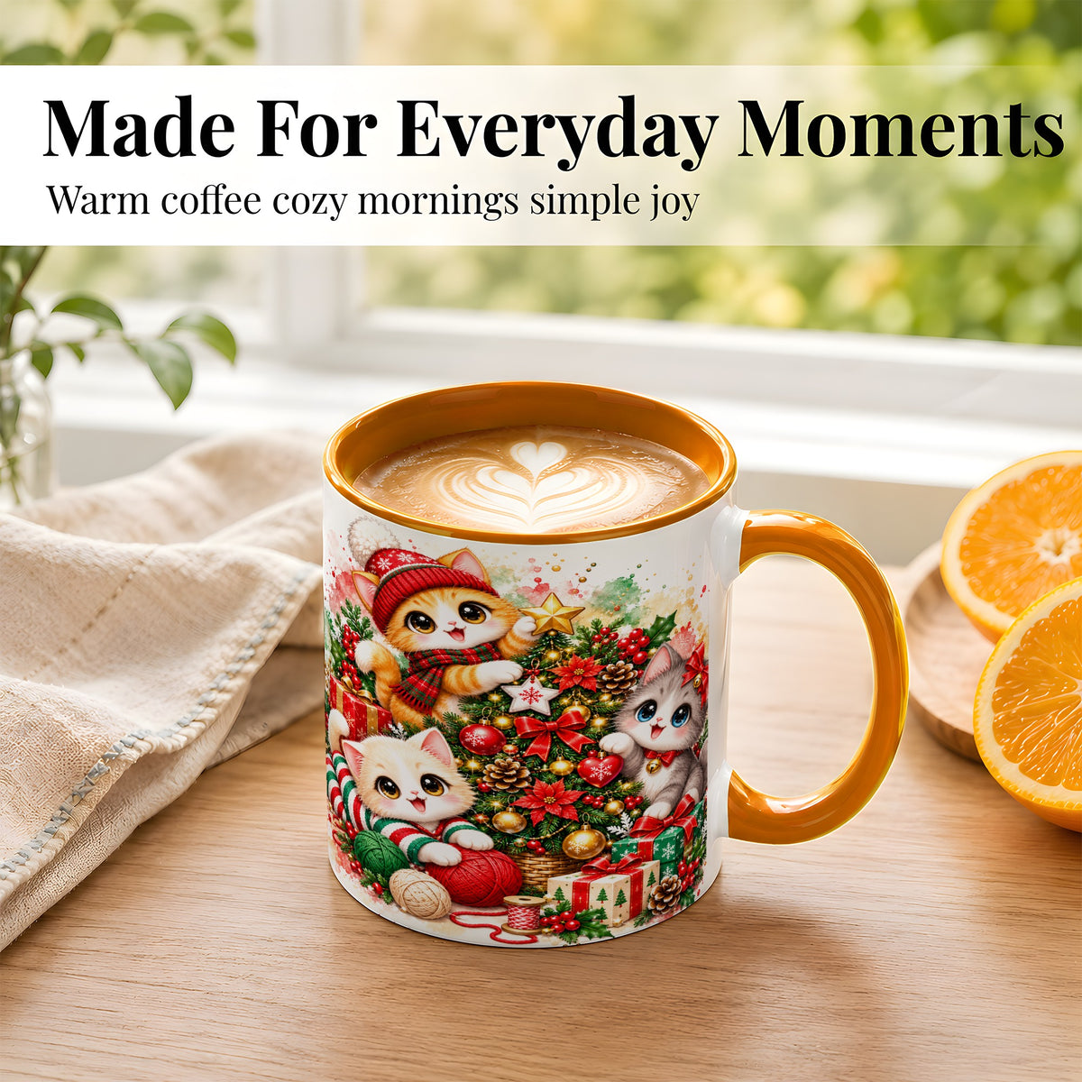 #pl[11oz|Orange] Christmas Kittens Coffee Mug, Holiday Cat Trio Mug, Ceramic Cup