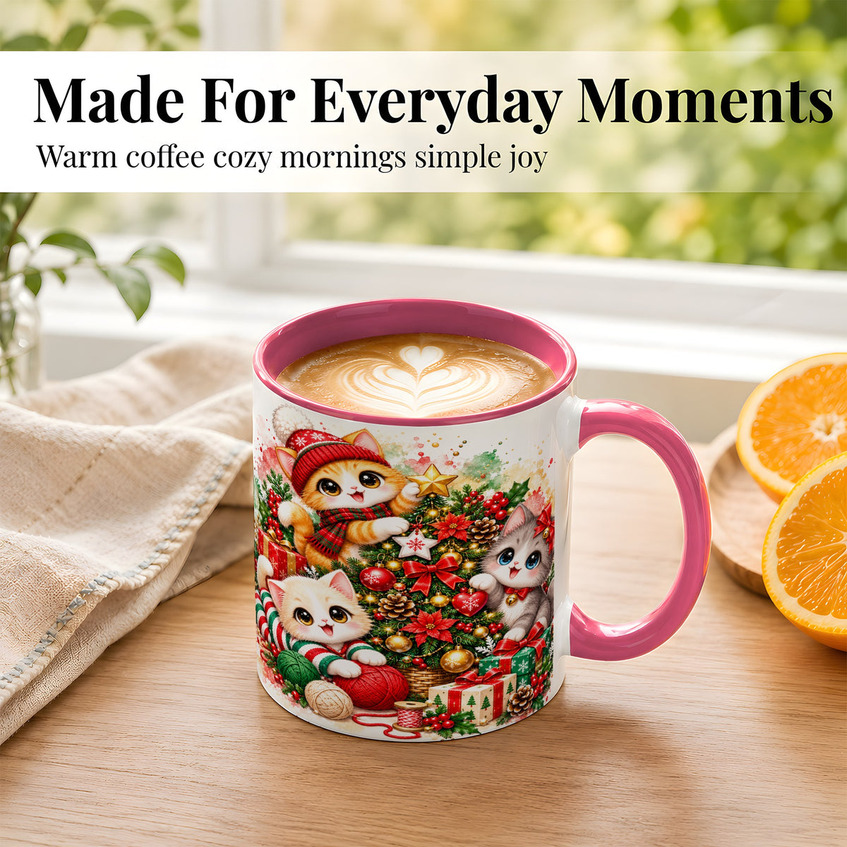 #pl[11oz|Pink] Christmas Kittens Coffee Mug, Holiday Cat Trio Mug, Ceramic Cup