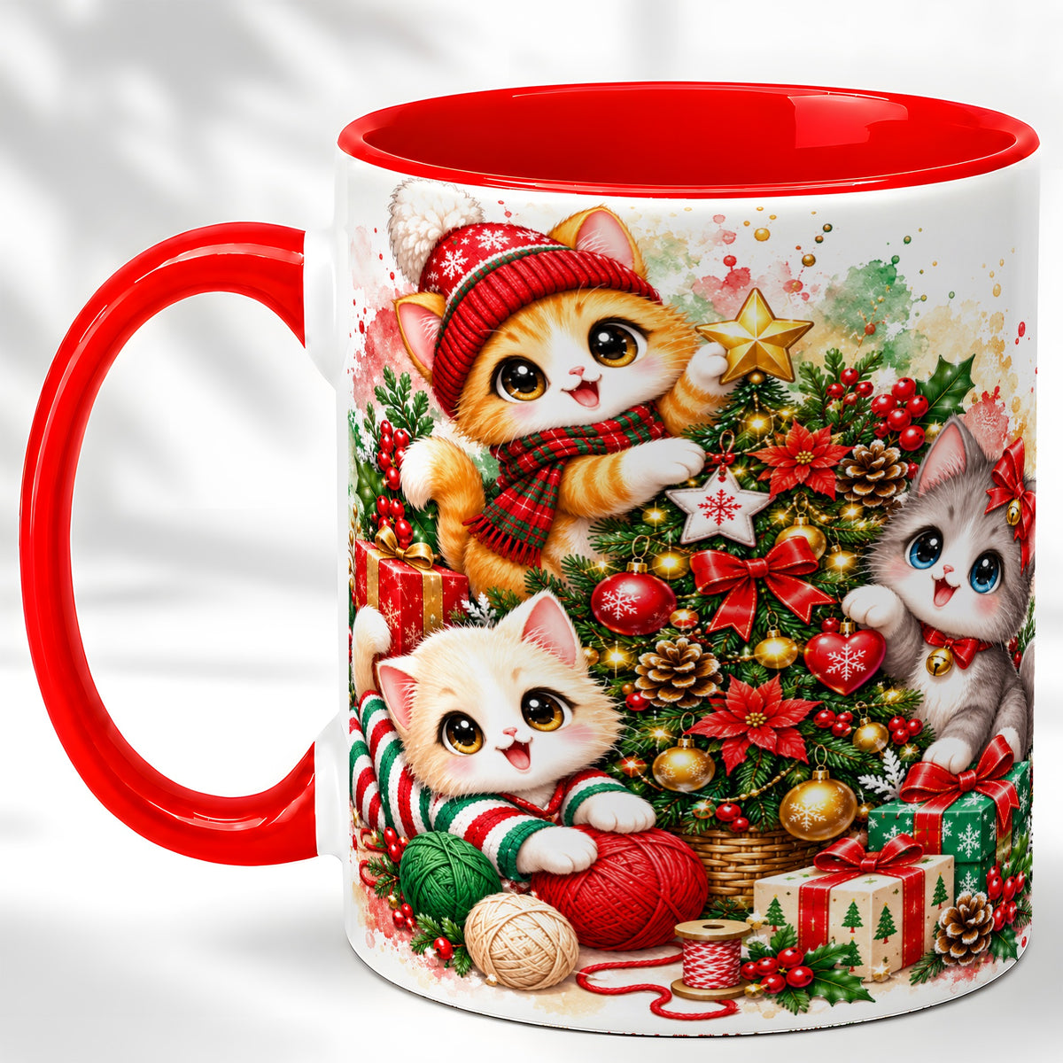 Christmas Kittens Coffee Mug, Holiday Cat Trio Mug, Ceramic Cup