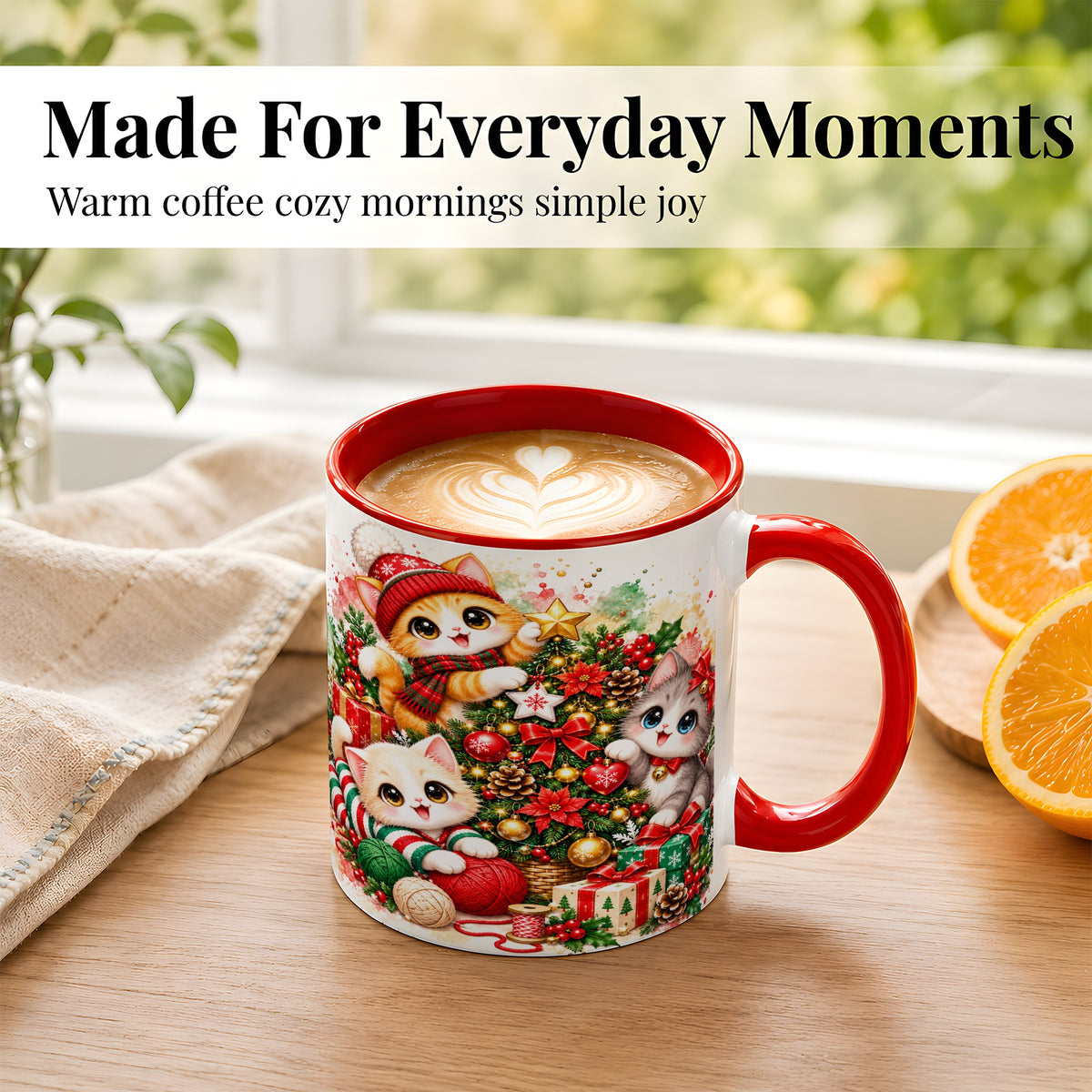 #pl[11oz|Red] Christmas Kittens Coffee Mug, Holiday Cat Trio Mug, Ceramic Cup
