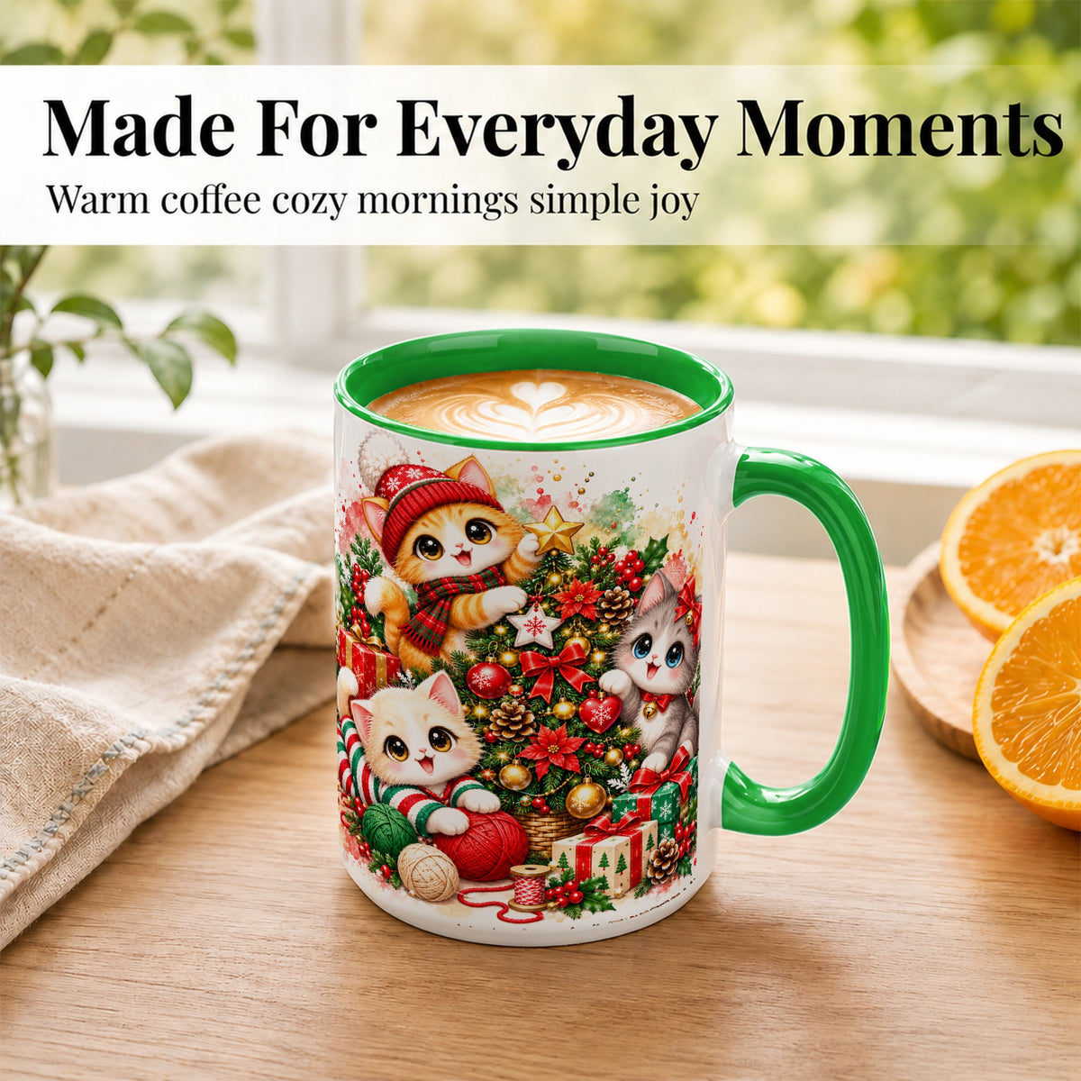 #pl[15oz|Green] Christmas Kittens Coffee Mug, Holiday Cat Trio Mug, Ceramic Cup