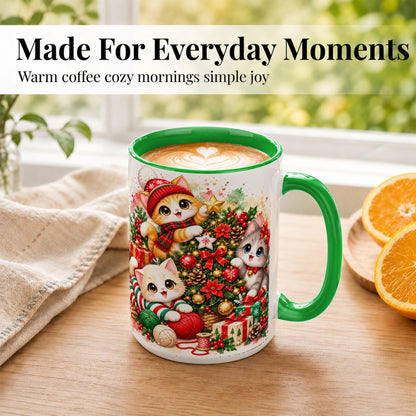 #pl[15oz|Green] Christmas Kittens Coffee Mug, Holiday Cat Trio Mug, Ceramic Cup