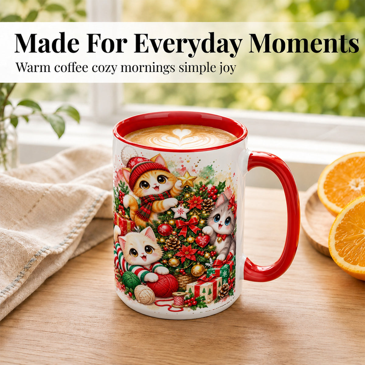#pl[15oz|Red] Christmas Kittens Coffee Mug, Holiday Cat Trio Mug, Ceramic Cup