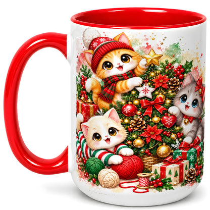 #pl[15oz|Red] Christmas Kittens Coffee Mug, Holiday Cat Trio Mug, Ceramic Cup