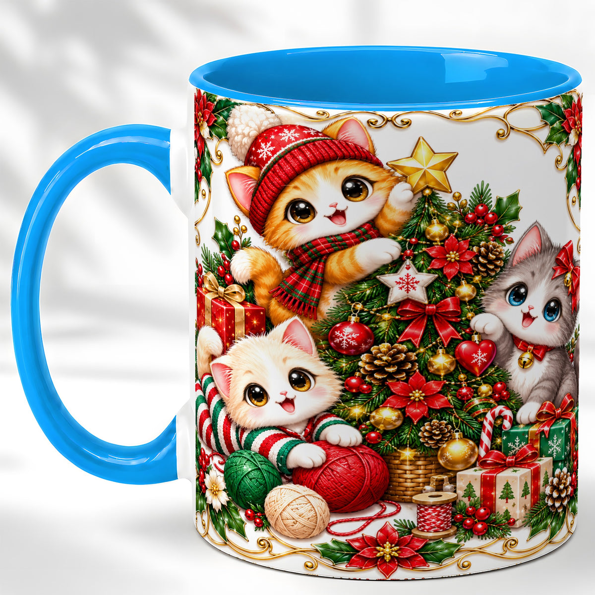 #pl[11oz|Blue] Christmas Kittens Coffee Mug, Festive Cat Trio Mug, Ceramic Cup