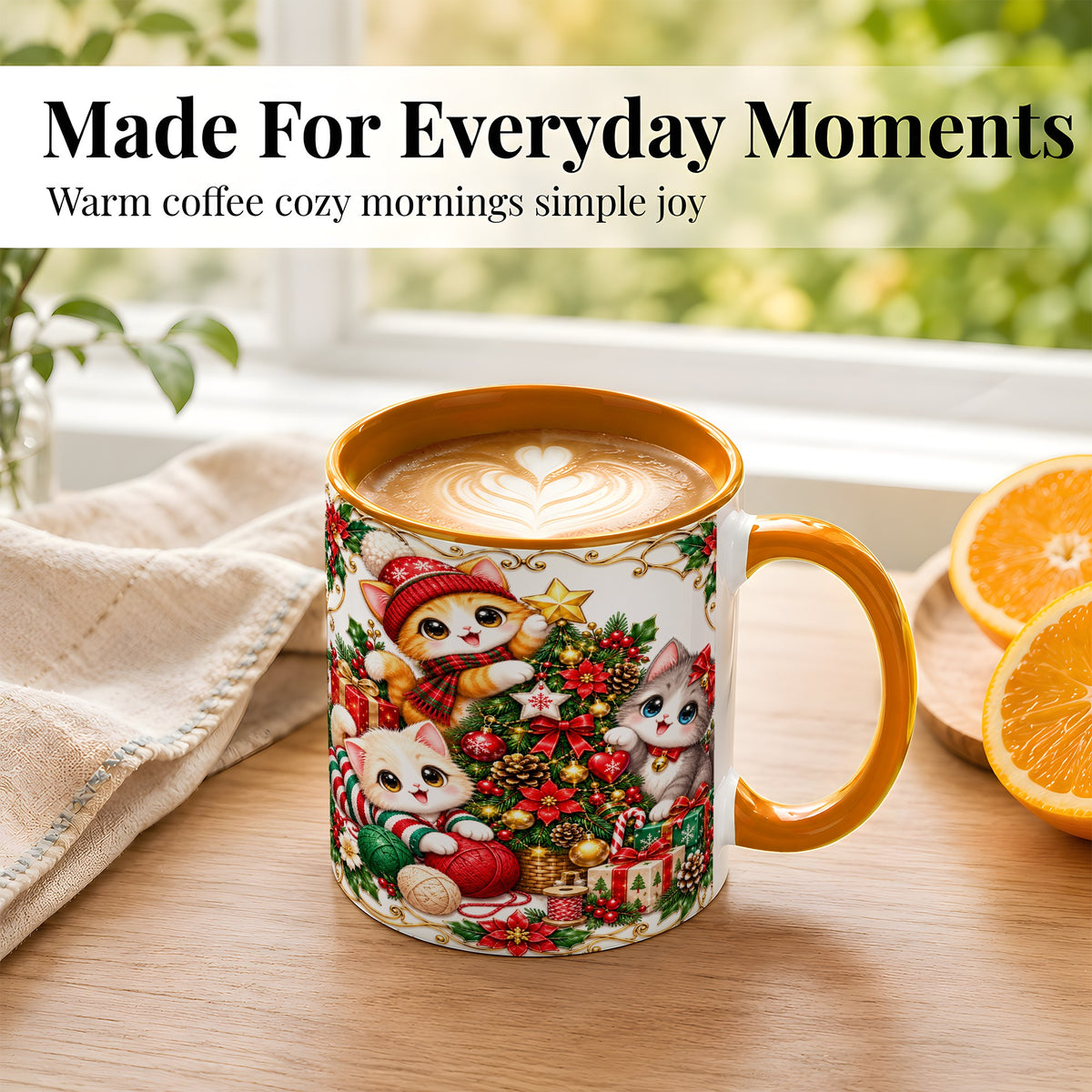#pl[11oz|Orange] Christmas Kittens Coffee Mug, Festive Cat Trio Mug, Ceramic Cup