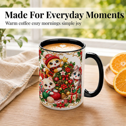 #pl[15oz|Black] Christmas Kittens Coffee Mug, Festive Cat Trio Mug, Ceramic Cup