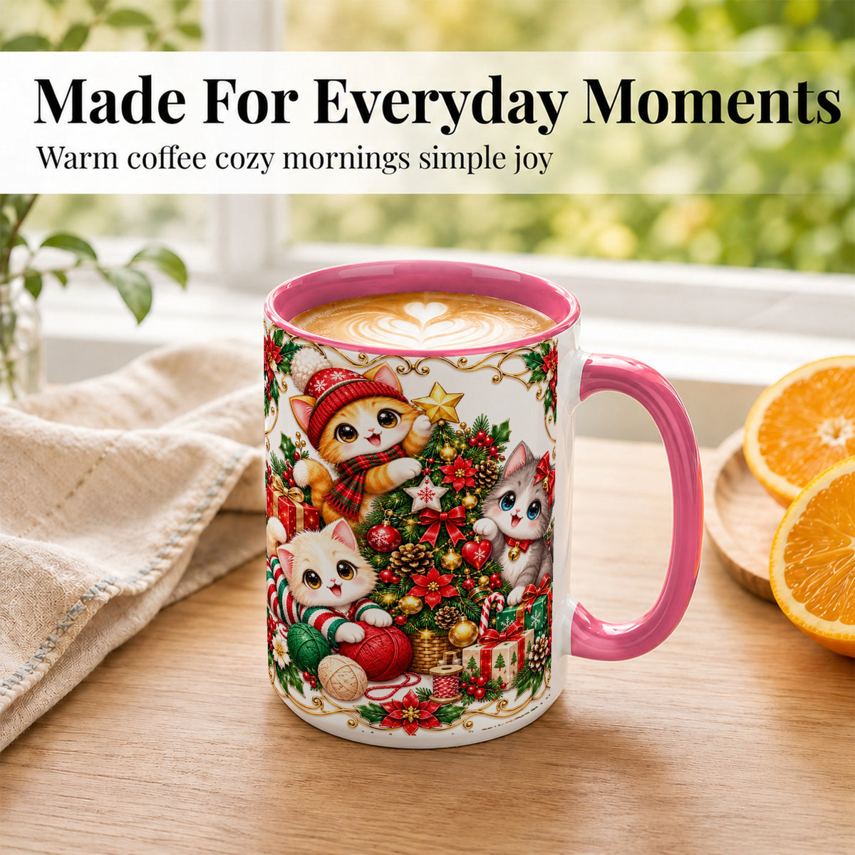 #pl[15oz|Pink] Christmas Kittens Coffee Mug, Festive Cat Trio Mug, Ceramic Cup